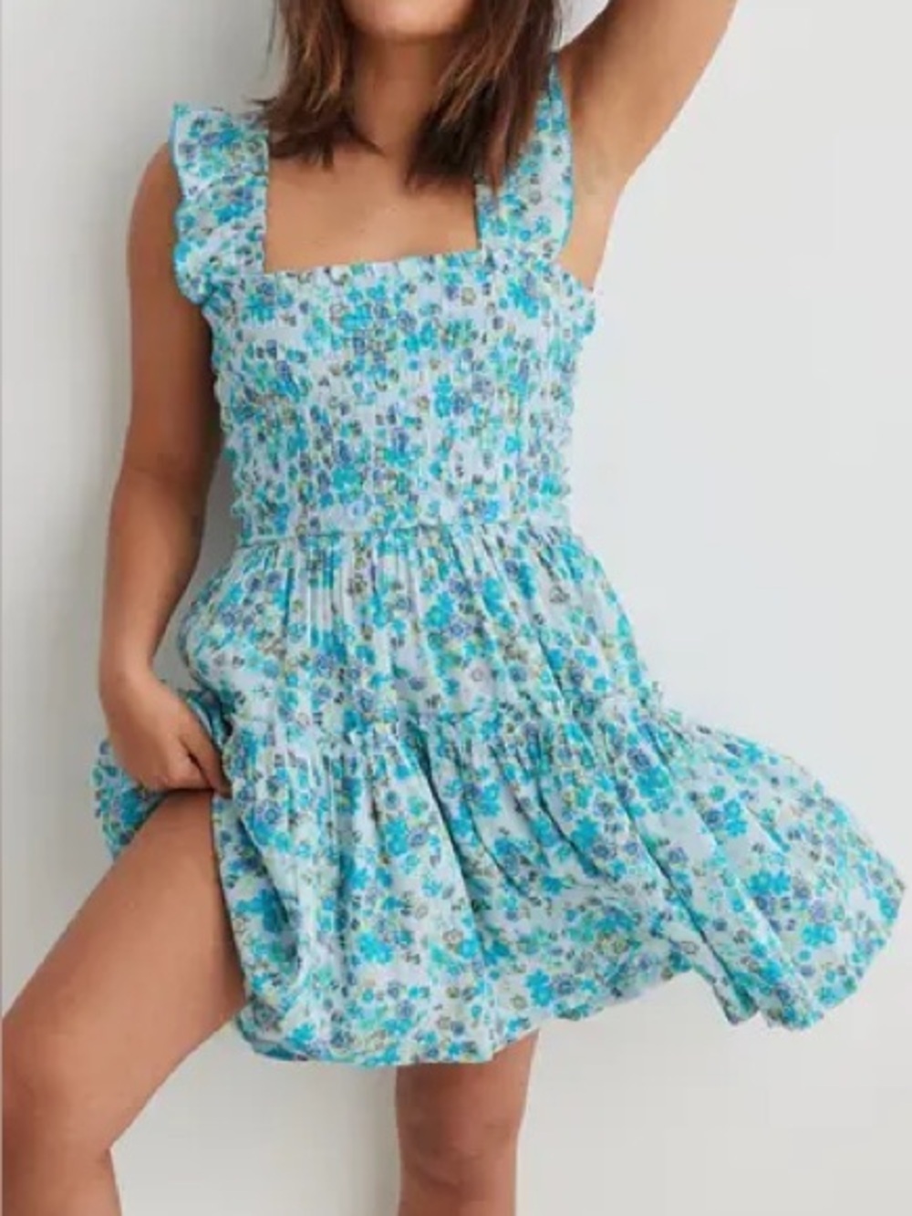 Aerie Flirty Shoulder Floral Smocked Mini Dress XS Blue Cottagecore